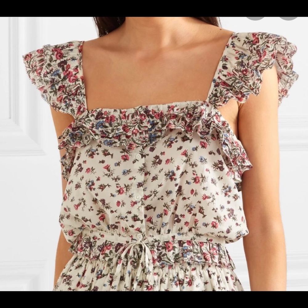 LoveShackFancy Floral Ruffle Square-Neck Top in Cream, Pink, Blue